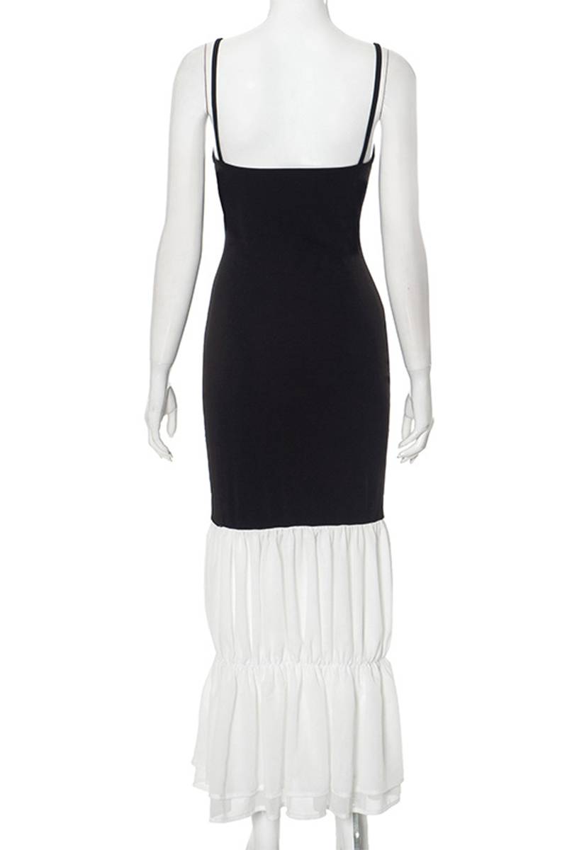 Vestidos sexys con escote en U, espalda descubierta y volantes en contraste