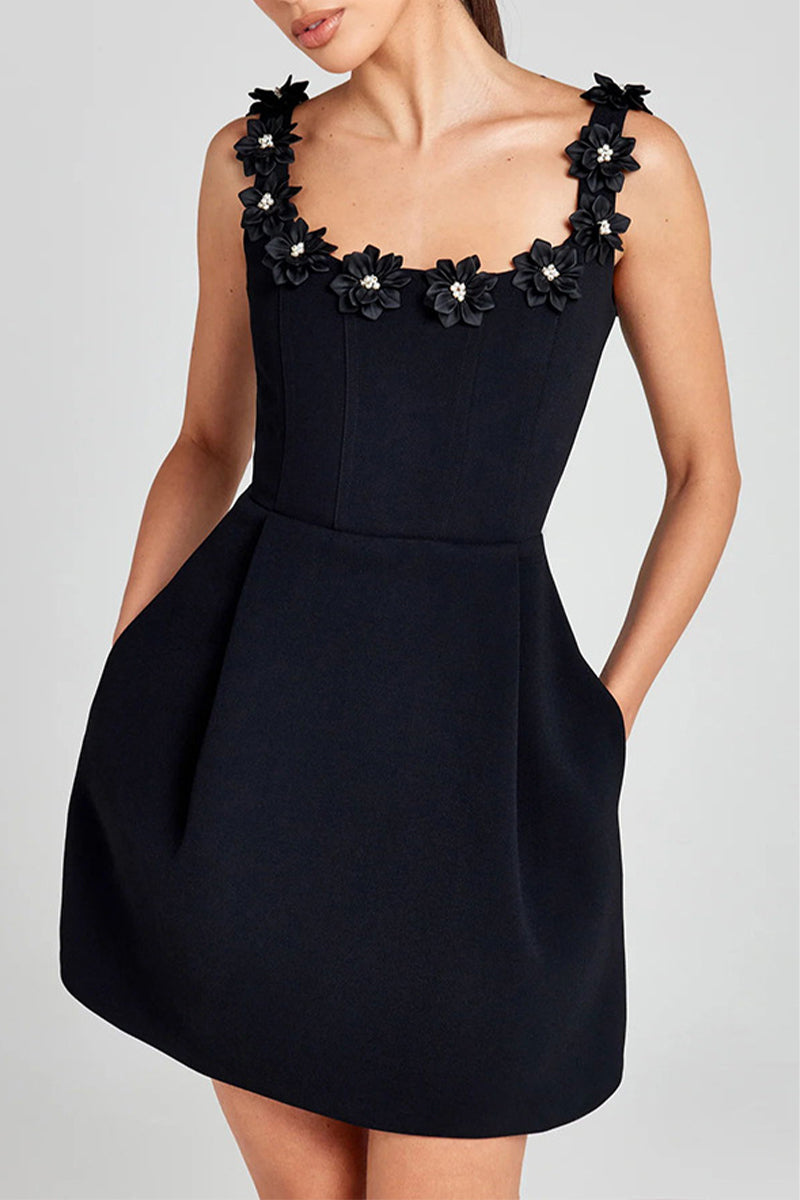 Vestidos de princesa sexys con cuello en U y bolsillos de color sólido con flores