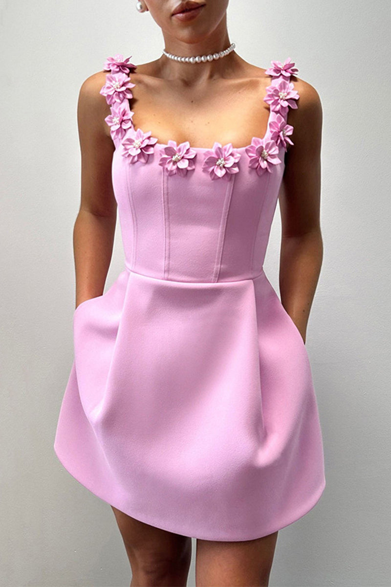 Vestidos de princesa sexys con cuello en U y bolsillos de color sólido con flores