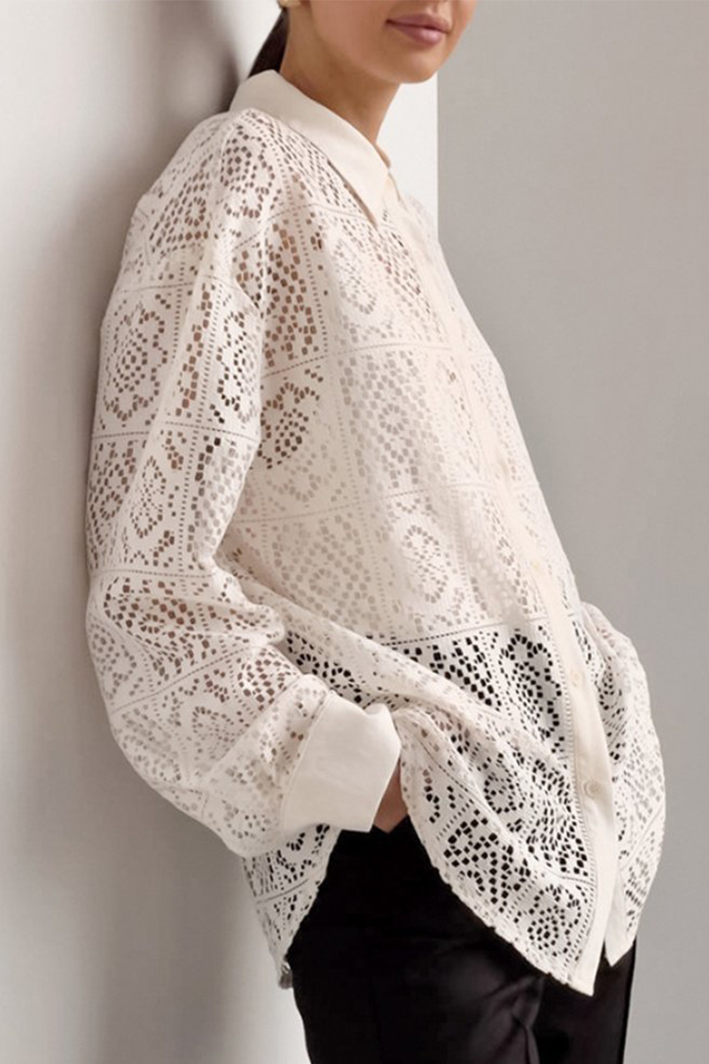 Blusas casuales con cuello vuelto, transparentes y caladas