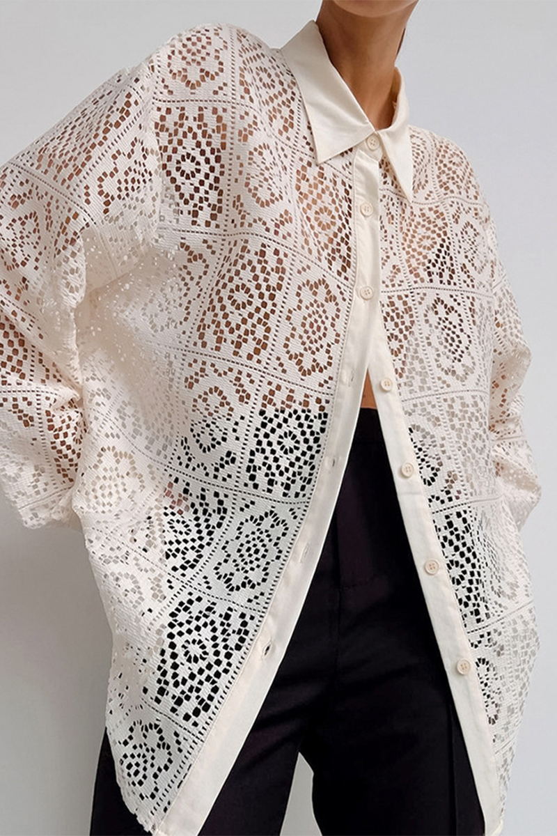 Blusas casuales con cuello vuelto, transparentes y caladas