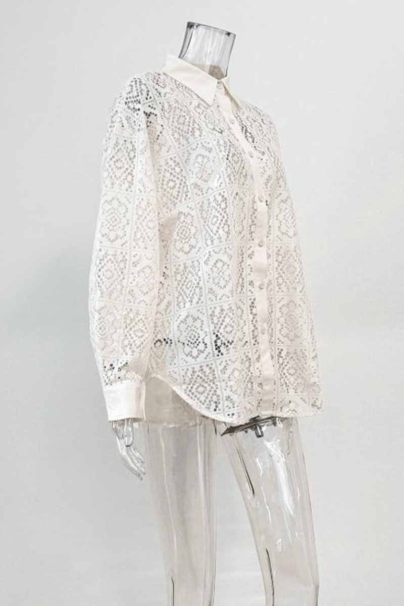 Blusas casuales con cuello vuelto, transparentes y caladas