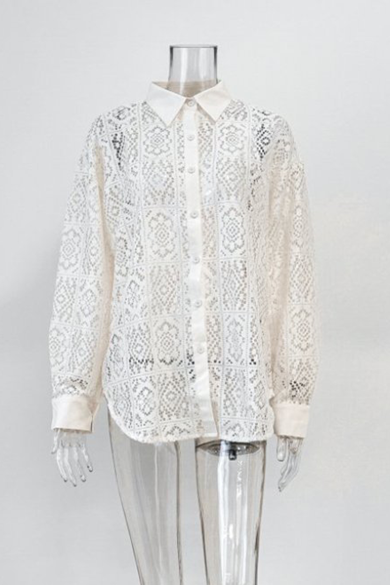 Blusas casuales con cuello vuelto, transparentes y caladas