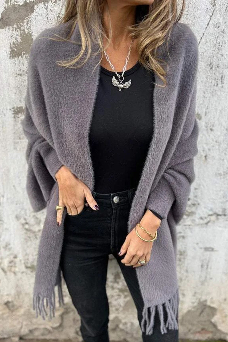 Prenda de abrigo informal con cuello chal esponjoso y ribete de flecos (3 colores)