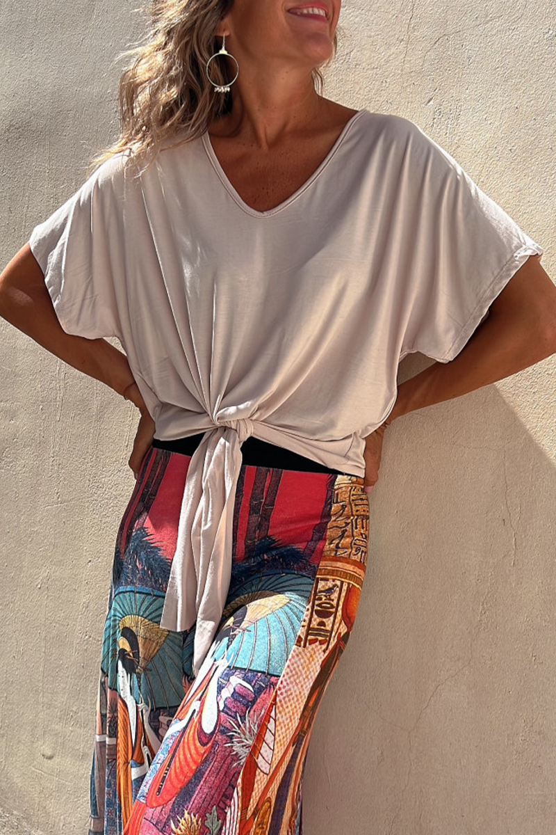 Camisetas casuales de cuello en V con nudo para uso diario