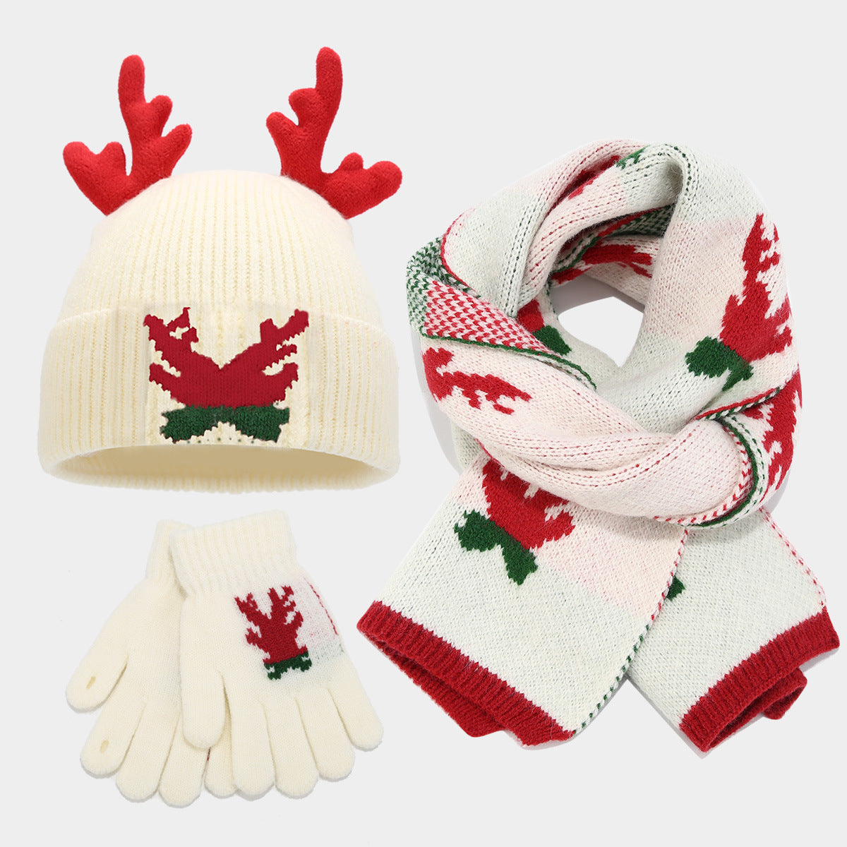 Conjunto de tres piezas con bufanda, gorro y guantes de asta de reno navideño (3 colores)