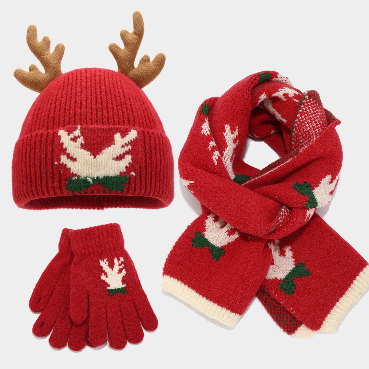 Conjunto de tres piezas con bufanda, gorro y guantes de asta de reno navideño (3 colores)