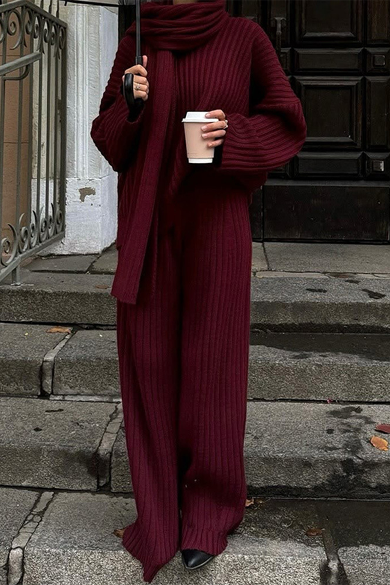 Conjunto informal de dos piezas con cuello en V, manga larga y diseño de agujeros en la calle (incluye bufanda) (3 colores)
