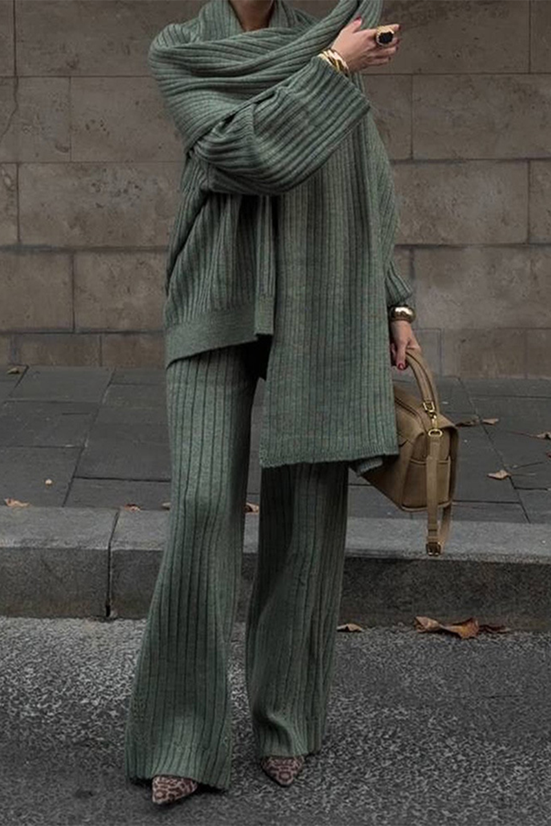 Conjunto informal de dos piezas con cuello en V, manga larga y diseño de agujeros en la calle (incluye bufanda) (3 colores)