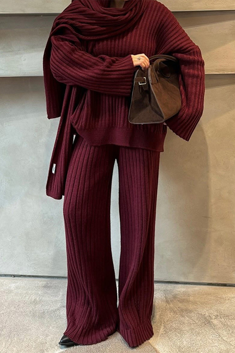Conjunto informal de dos piezas con cuello en V, manga larga y diseño de agujeros en la calle (incluye bufanda) (3 colores)