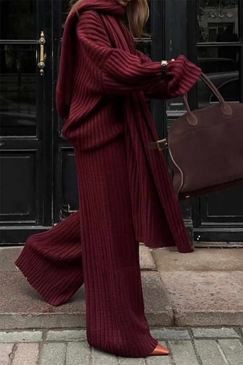 Conjunto informal de dos piezas con cuello en V, manga larga y diseño de agujeros en la calle (incluye bufanda) (3 colores)