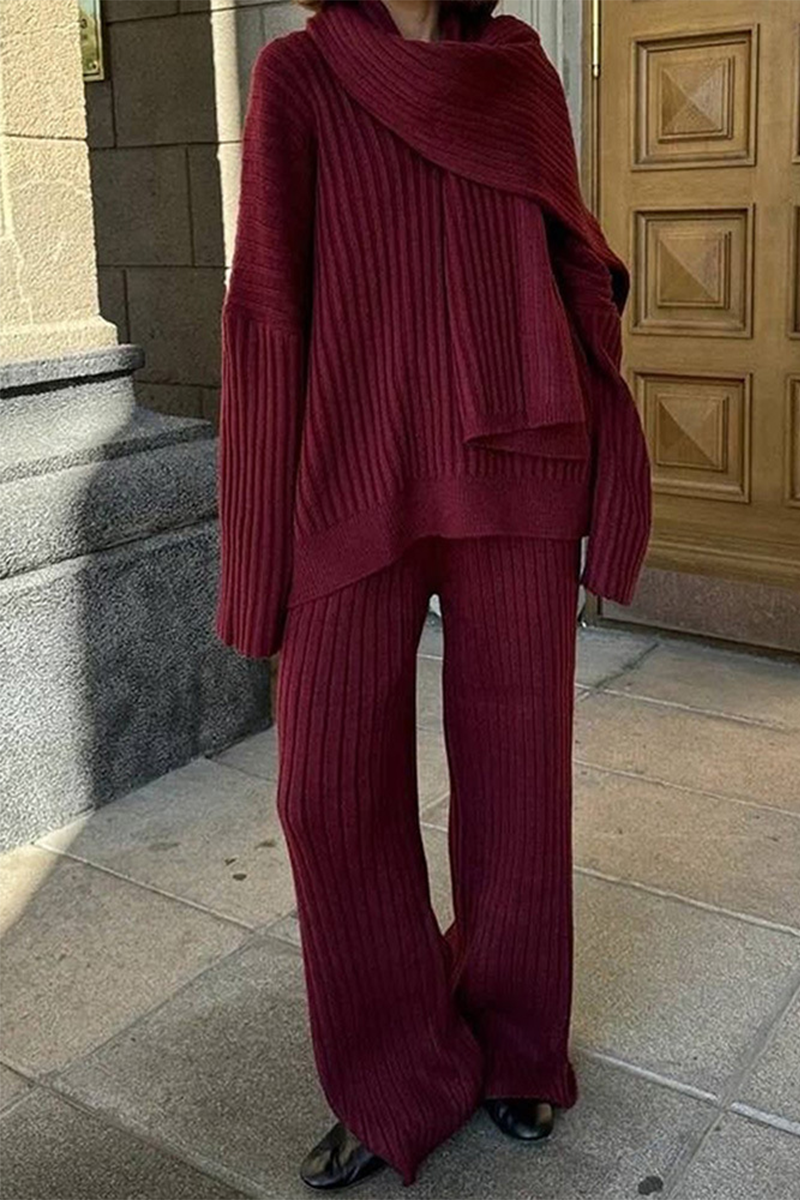 Conjunto informal de dos piezas con cuello en V, manga larga y diseño de agujeros en la calle (incluye bufanda) (3 colores)