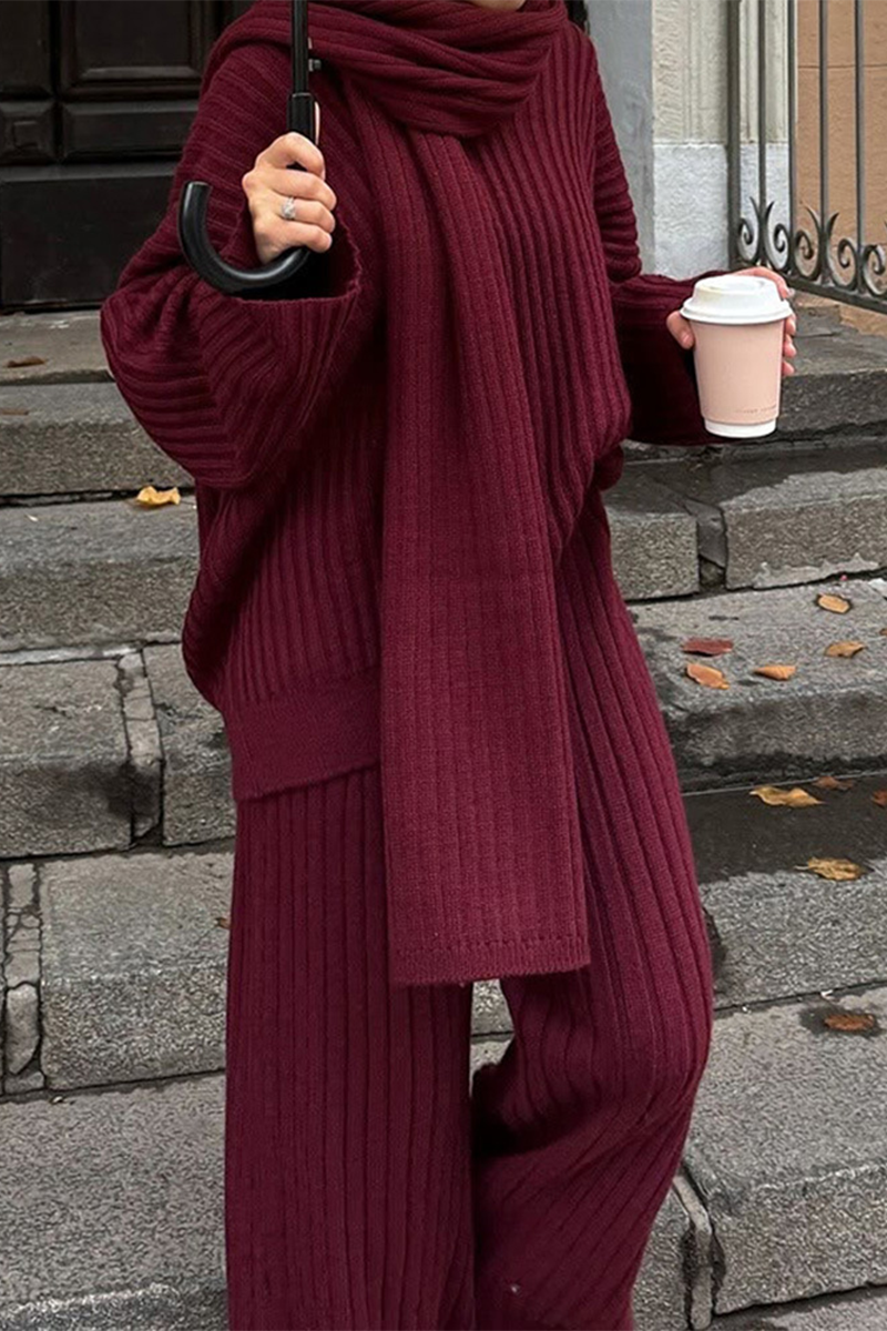 Conjunto informal de dos piezas con cuello en V, manga larga y diseño de agujeros en la calle (incluye bufanda) (3 colores)