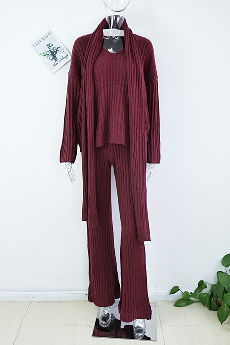 Conjunto informal de dos piezas con cuello en V, manga larga y diseño de agujeros en la calle (incluye bufanda) (3 colores)