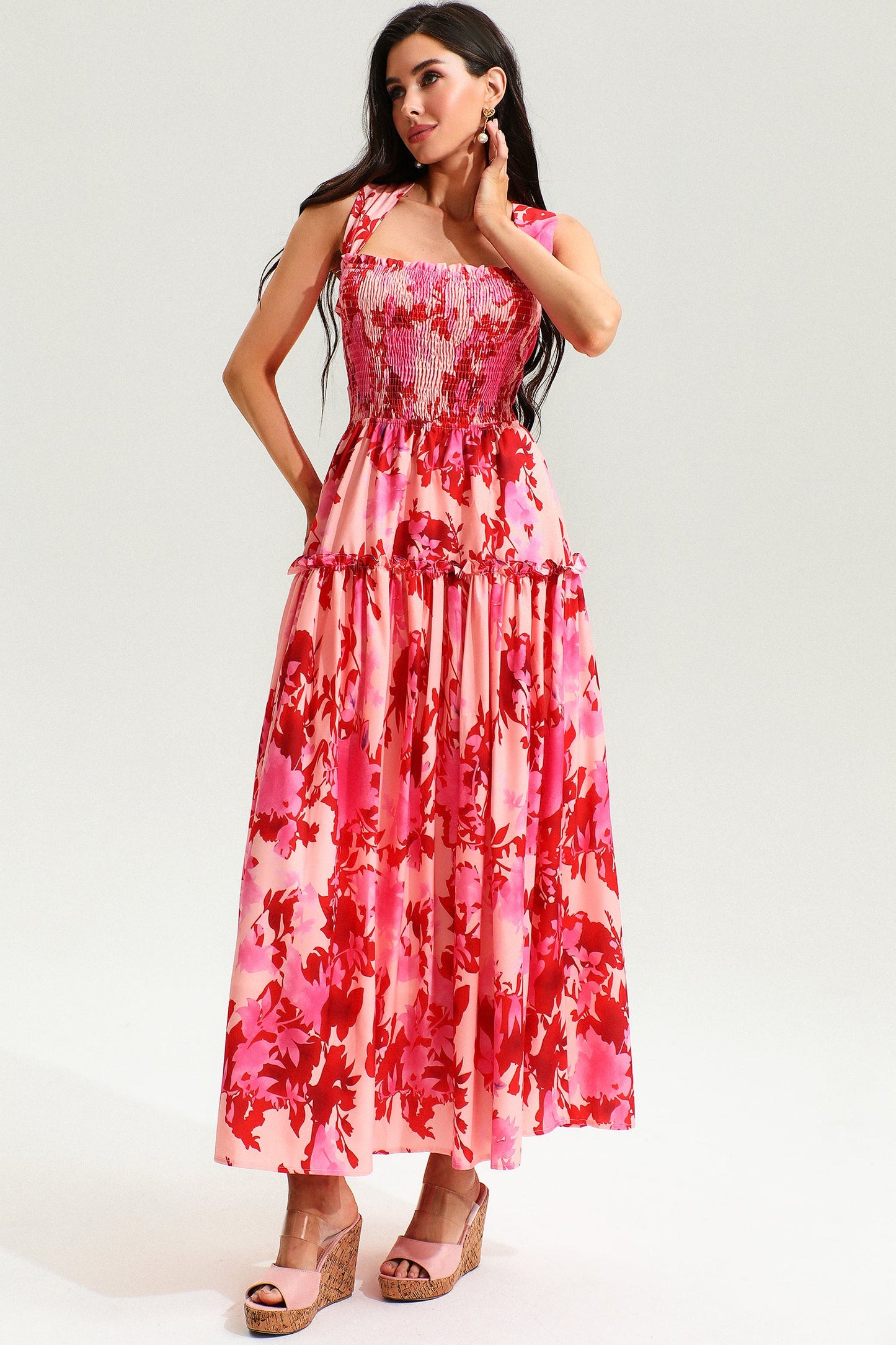 Vestido midi de tirantes elástico fruncido con estampado floral