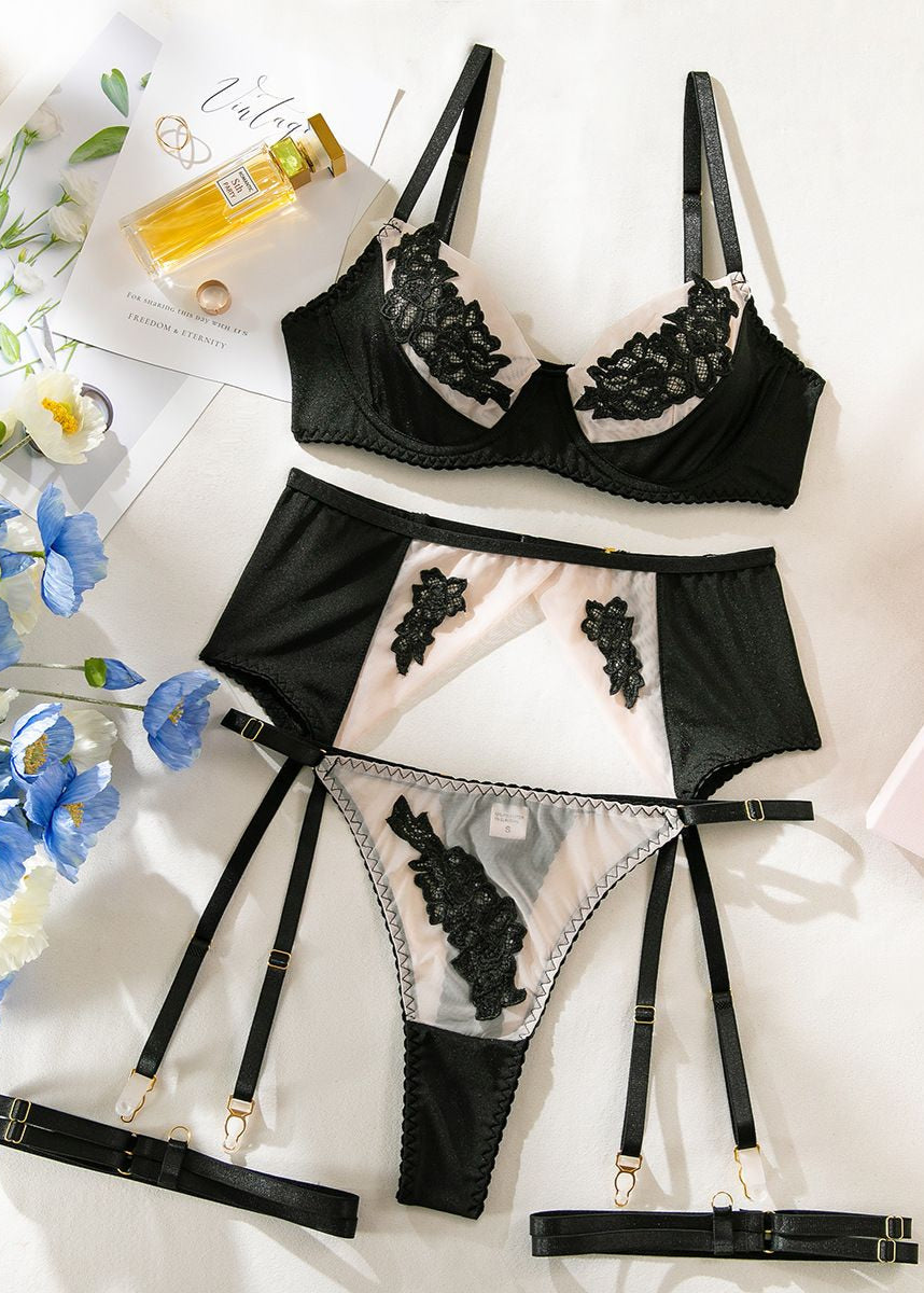 Siena – Floral Embroidered Sheer Lingerie Set with Garter Belt