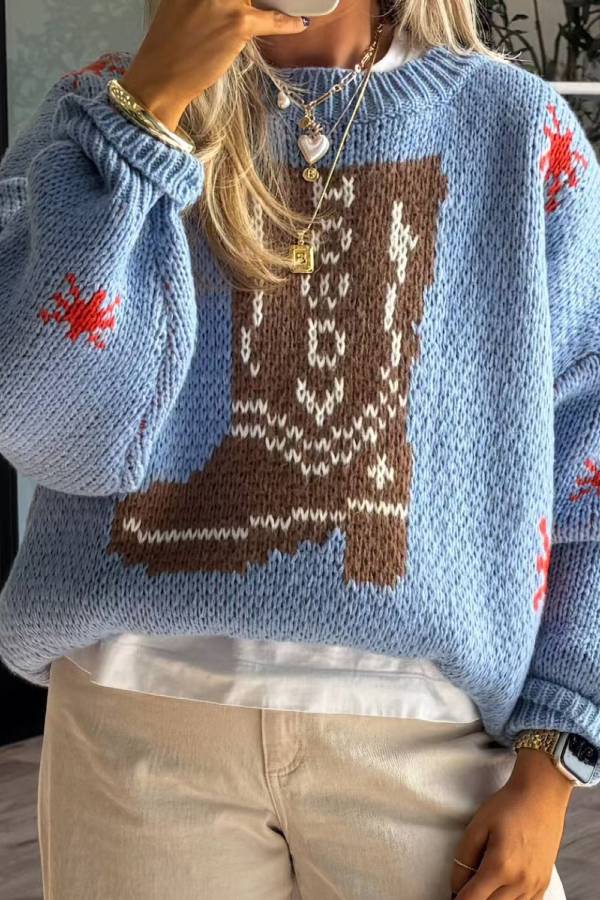 Suéter de manga larga con cuello redondo y botas de punto navideñas