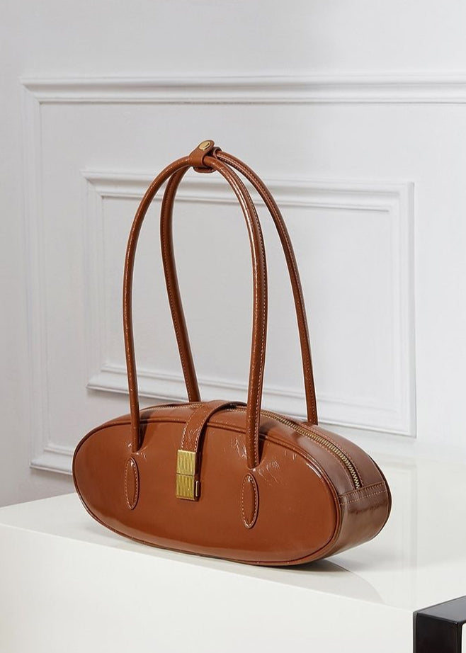 Oval Patent Leather Top Handle Bag – Chic Structured Handbag for Women