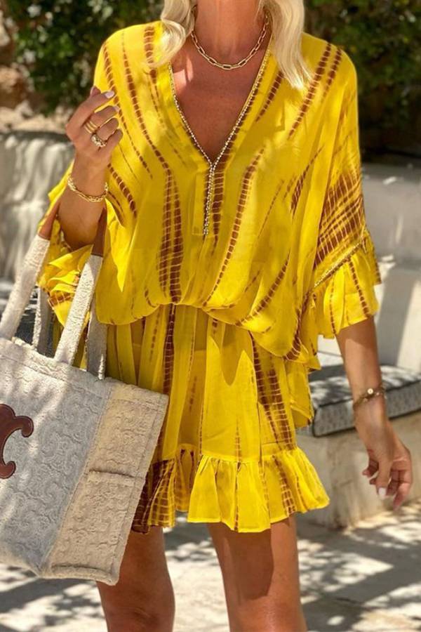 Vestido minicaftán con cintura elástica, mangas murciélago y volantes con efecto tie-dye y sabor a limón