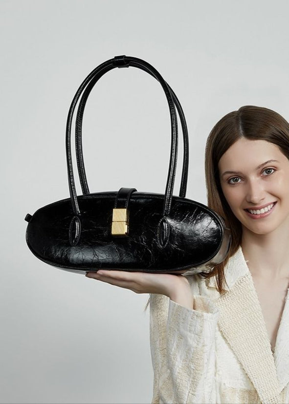 Oval Patent Leather Top Handle Bag – Chic Structured Handbag for Women
