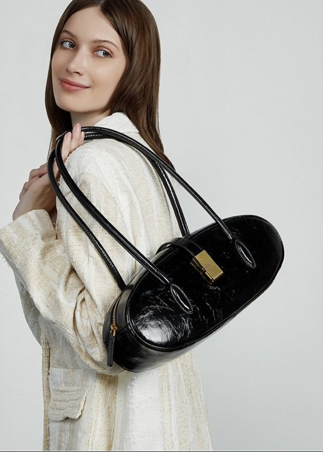 Oval Patent Leather Top Handle Bag – Chic Structured Handbag for Women