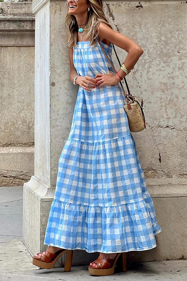 Vestido sin mangas con costuras a cuadros y tirantes, sin tirantes