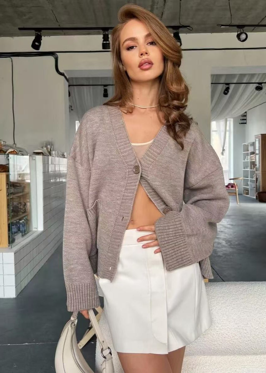Oversized Knit Button Cardigan - Women’s Long Sleeve V-Neck Sweater