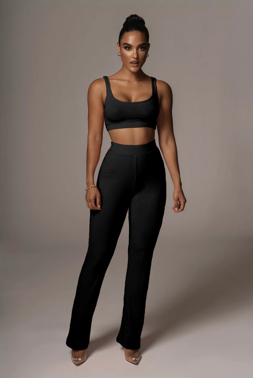 Pantalones de yoga ajustados, rectos, rectos y a la cadera, color liso, sin mangas, conjunto casual