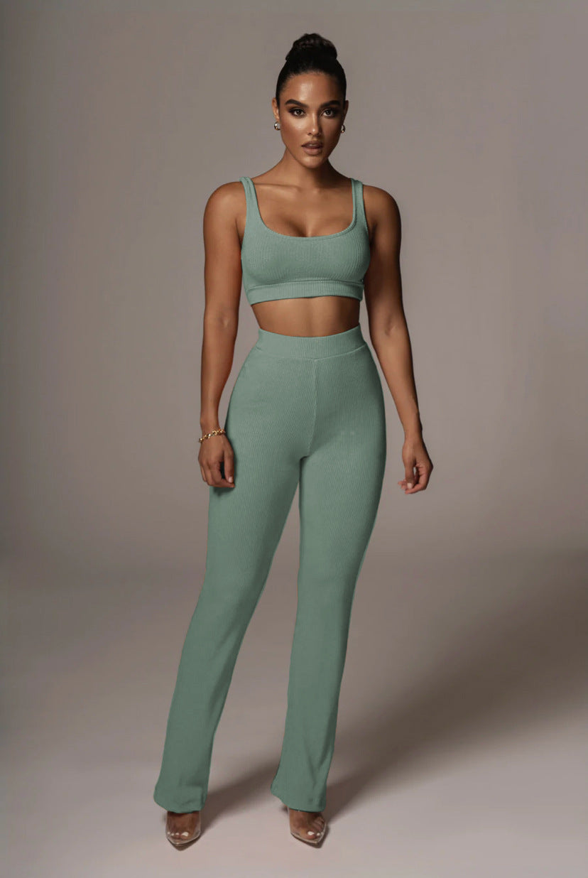 Pantalones de yoga ajustados, rectos, rectos y a la cadera, color liso, sin mangas, conjunto casual