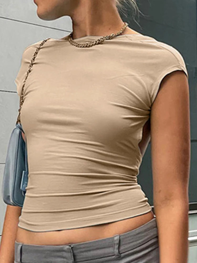 Backless Short Sleeve Blue Y2K Crop Top Women Casual O Neck 2025 Summer T Shirts Sexy Vintage Cut Out