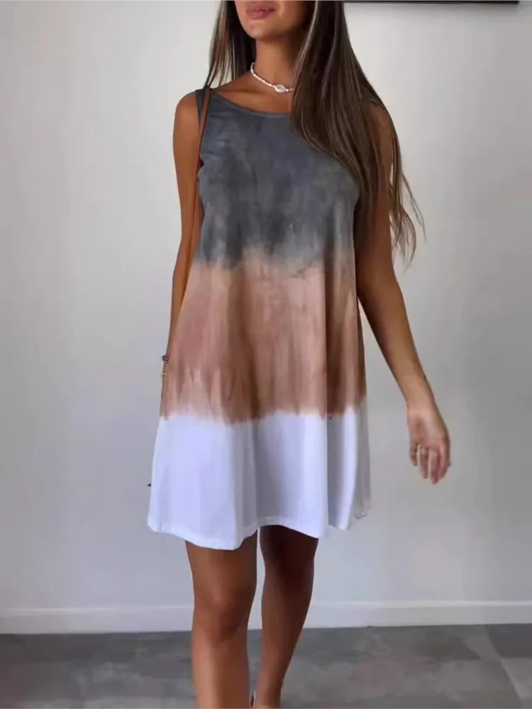 Vestidos cortos con estampado tie-dye degradado para mujer, novedad de verano 2025, moda holgada, cuello redondo, sin mangas, ropa de calle de moda, vestidos para mujer