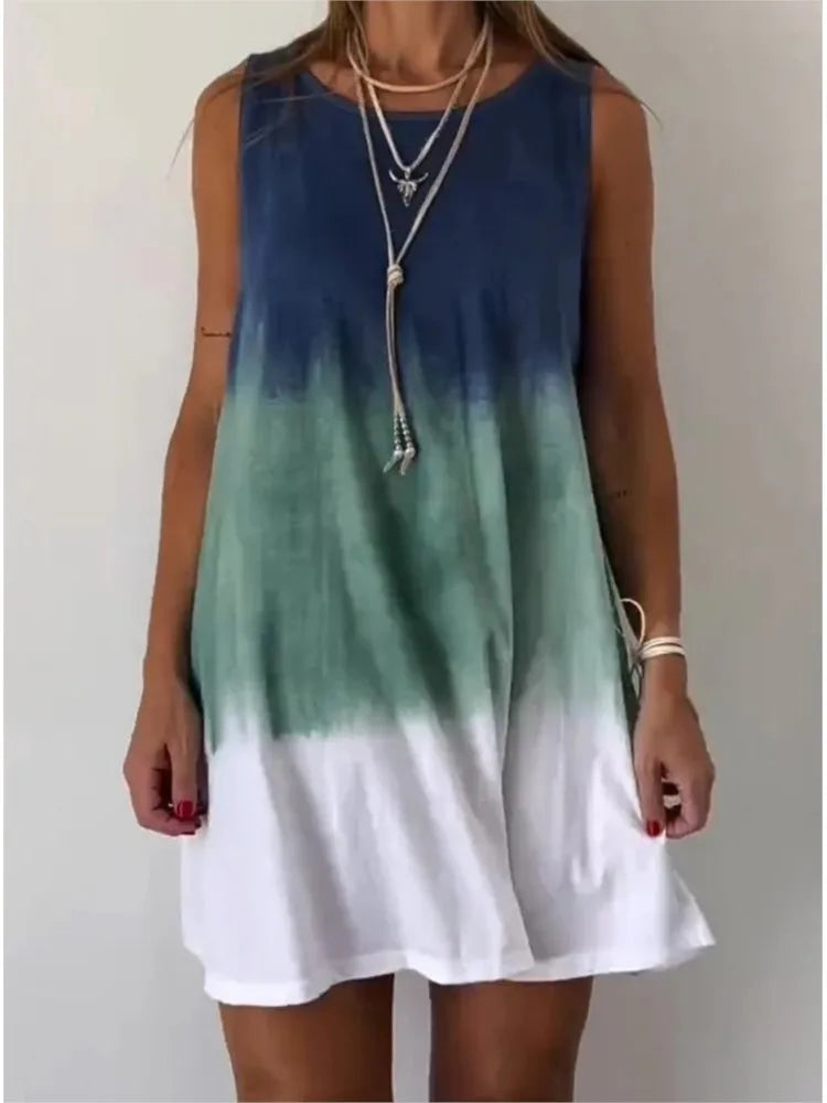 Vestidos cortos con estampado tie-dye degradado para mujer, novedad de verano 2025, moda holgada, cuello redondo, sin mangas, ropa de calle de moda, vestidos para mujer