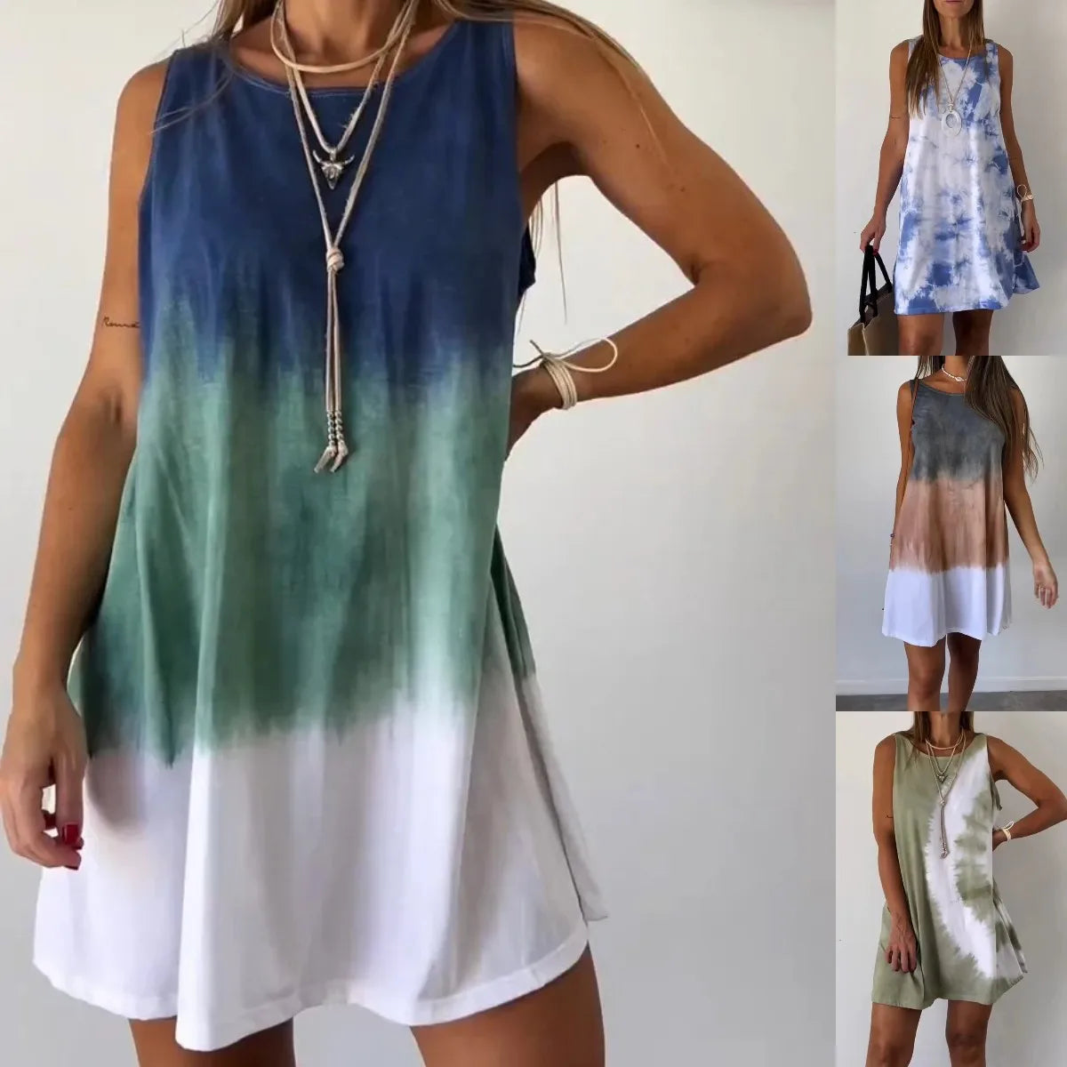 Vestidos cortos con estampado tie-dye degradado para mujer, novedad de verano 2025, moda holgada, cuello redondo, sin mangas, ropa de calle de moda, vestidos para mujer