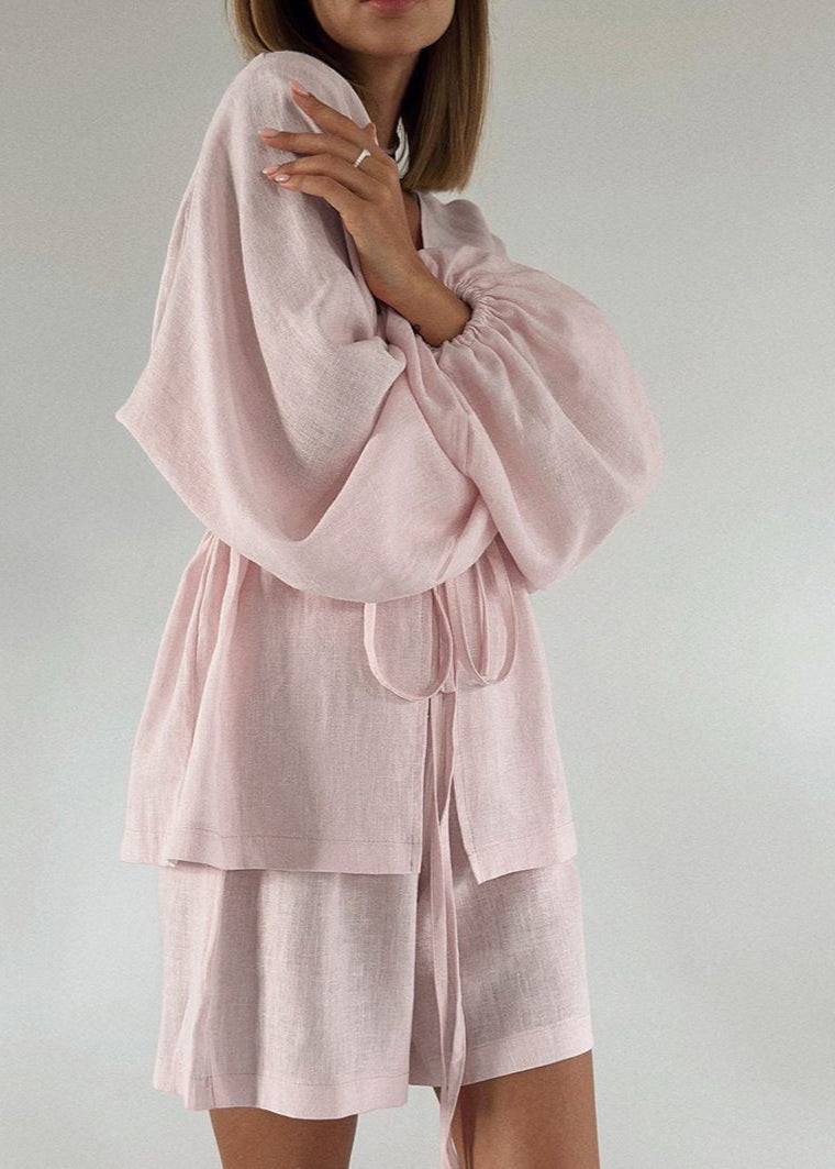 Rose Drift - Linen Two-Piece Set with Bell Sleeves