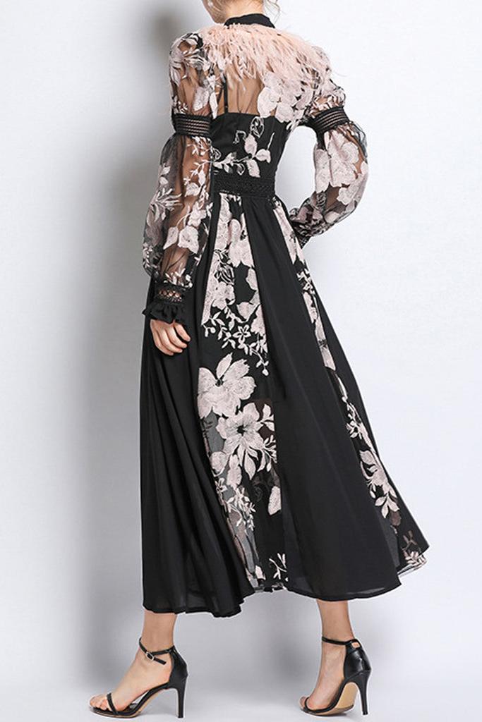 Vestido midi con cuello de bufanda y mangas largas con cordones