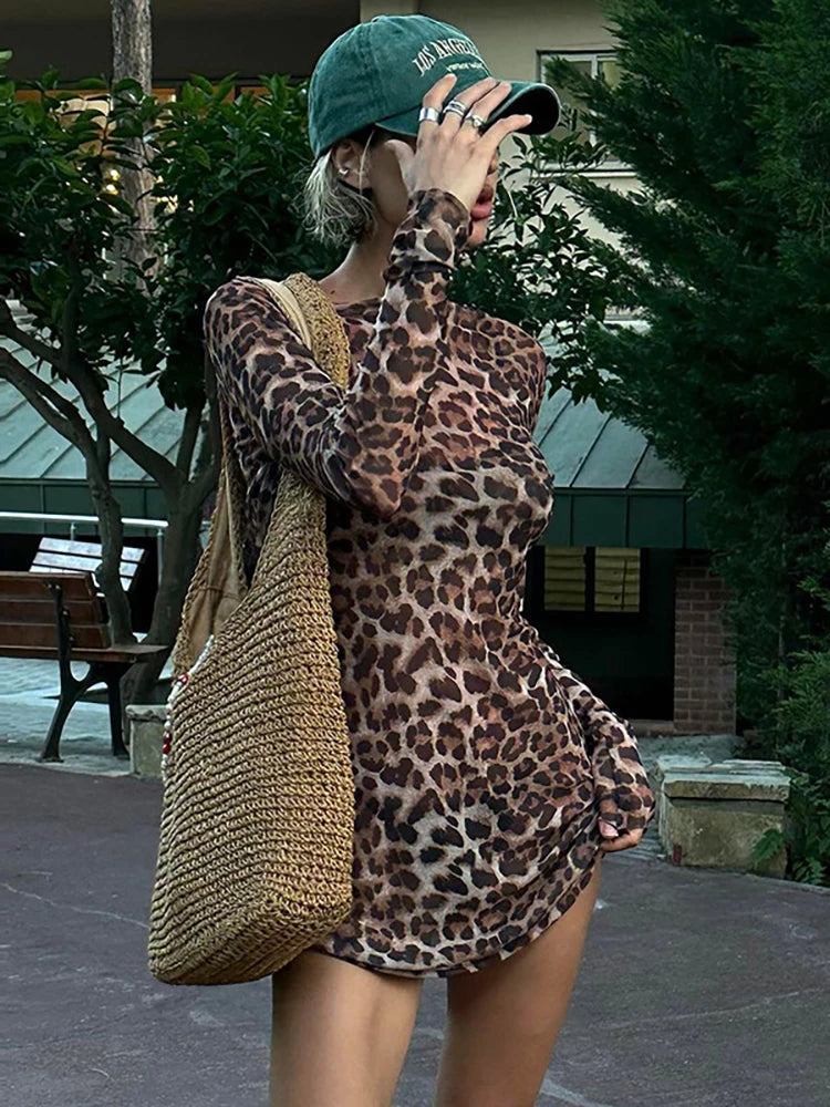 JULISSA MO Conjunto de dos piezas con estampado de leopardo para mujer, vestido sexy transparente de manga larga, vestido femenino de otoño ajustado, elegante, para fiesta y club.