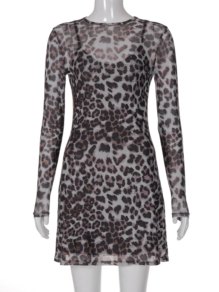 JULISSA MO Conjunto de dos piezas con estampado de leopardo para mujer, vestido sexy transparente de manga larga, vestido femenino de otoño ajustado, elegante, para fiesta y club.
