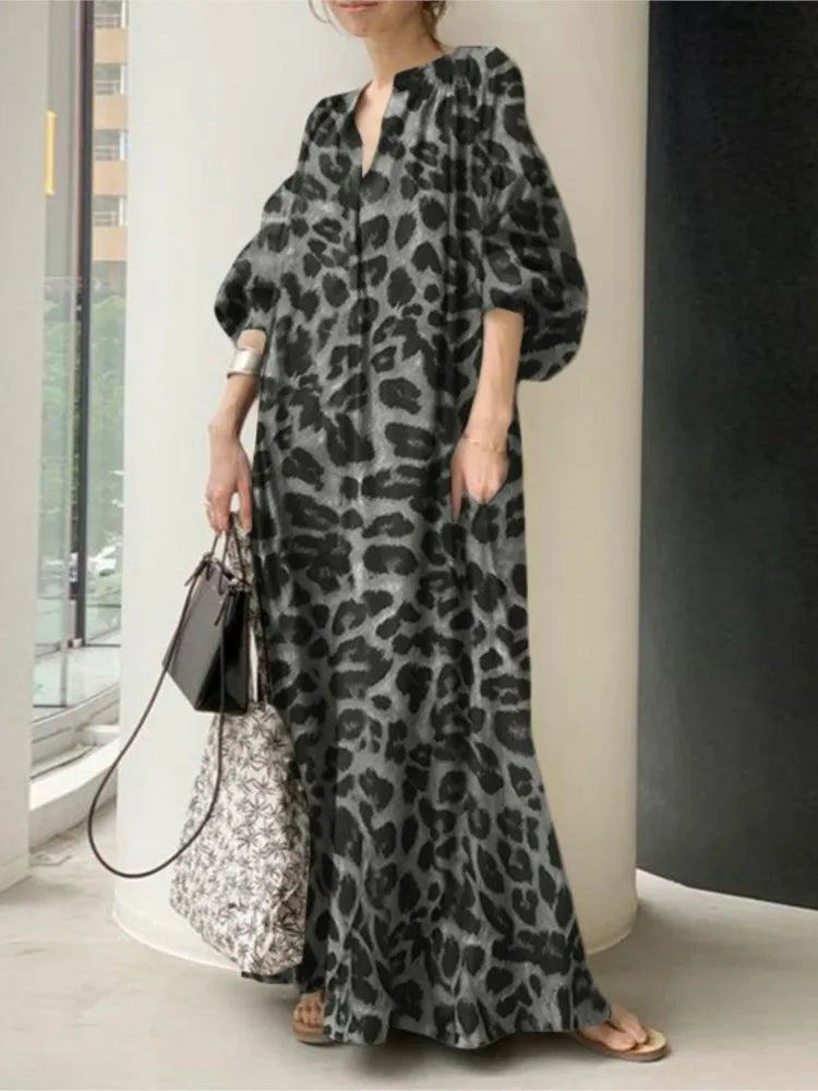 Leopard Print Long Dresses Women Fashion Temperament V-neck Puff Sleeves Loose Dress Trendy Bohemian Style Vestidos Spring New