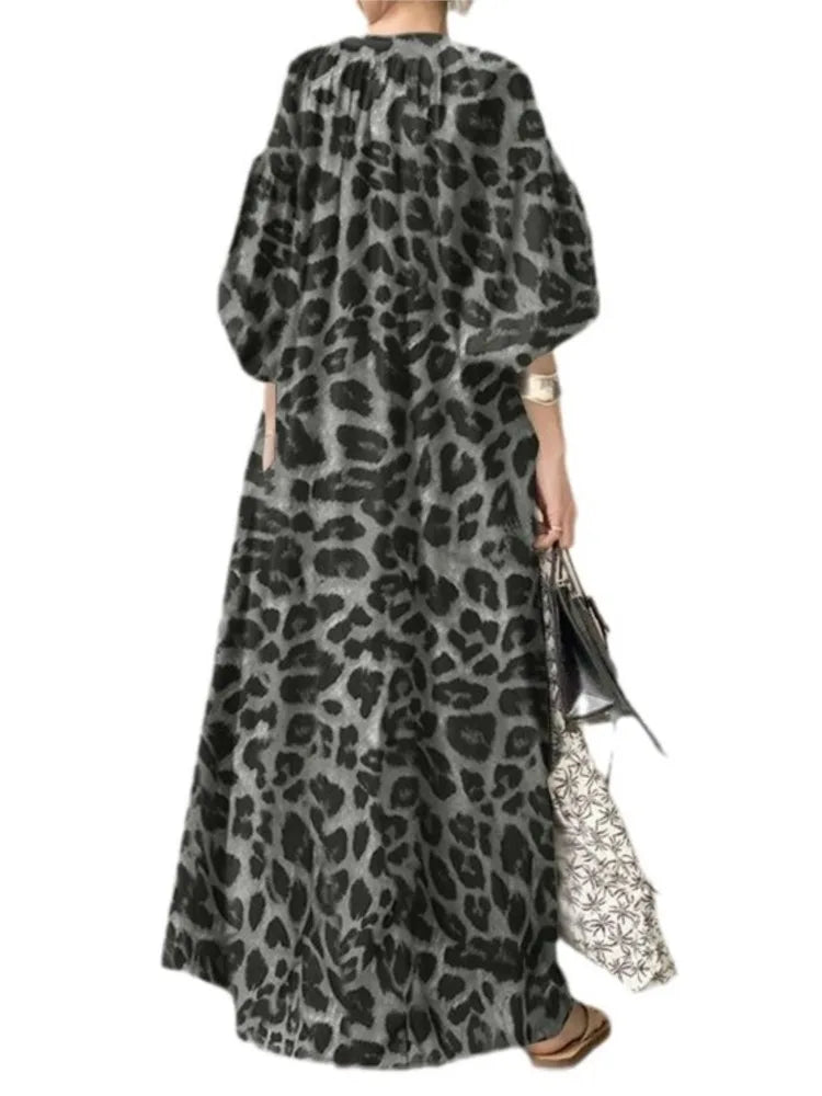 Leopard Print Long Dresses Women Fashion Temperament V-neck Puff Sleeves Loose Dress Trendy Bohemian Style Vestidos Spring New