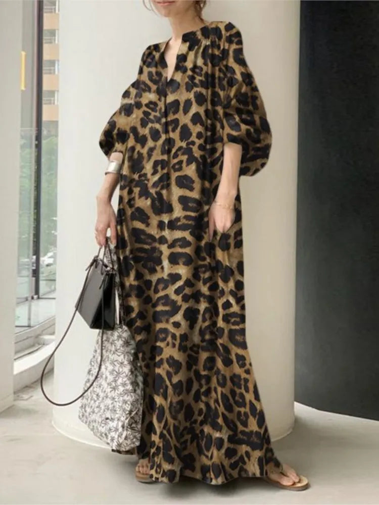 Leopard Print Long Dresses Women Fashion Temperament V-neck Puff Sleeves Loose Dress Trendy Bohemian Style Vestidos Spring New