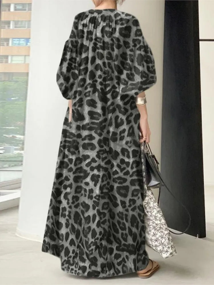 Leopard Print Long Dresses Women Fashion Temperament V-neck Puff Sleeves Loose Dress Trendy Bohemian Style Vestidos Spring New