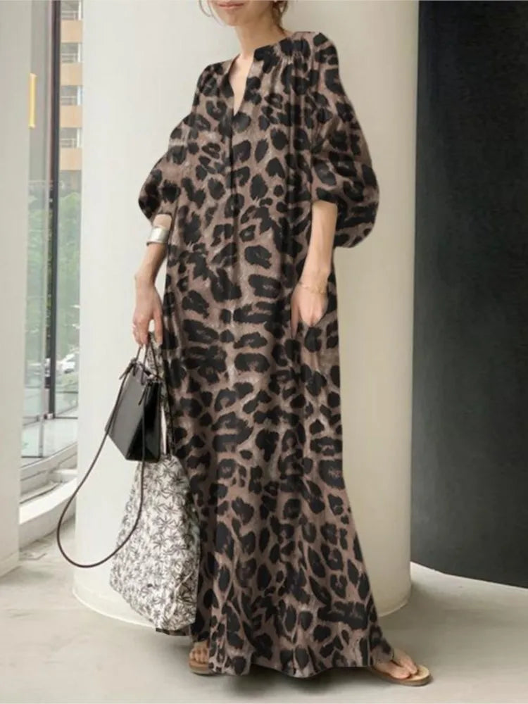 Leopard Print Long Dresses Women Fashion Temperament V-neck Puff Sleeves Loose Dress Trendy Bohemian Style Vestidos Spring New