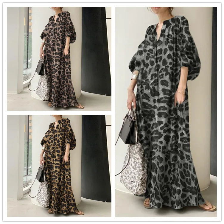 Leopard Print Long Dresses Women Fashion Temperament V-neck Puff Sleeves Loose Dress Trendy Bohemian Style Vestidos Spring New