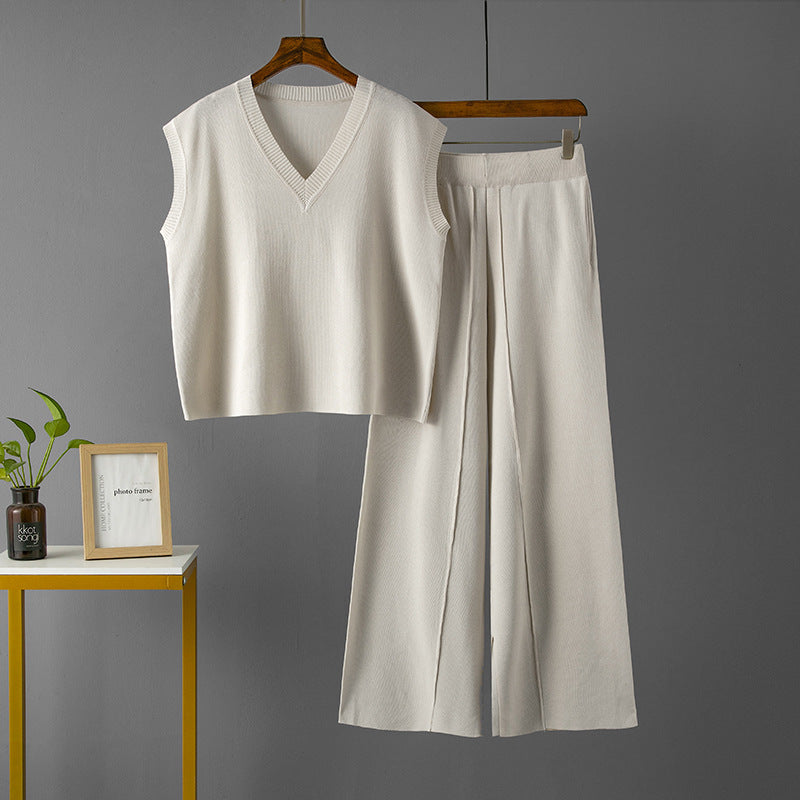 Traje de mujer con cuello en V, suelto, sin mangas, de punto, chaleco, top de cintura alta, suelto, adelgazante, informal, con abertura, pantalones de pierna ancha