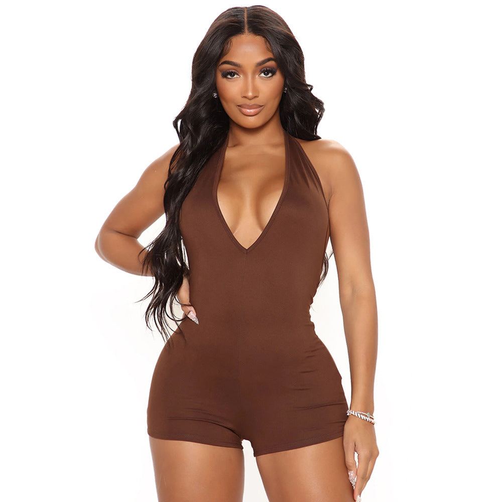 Mono sexy de verano para mujer, con escote en V, ajustado, sin espalda y cuello halter