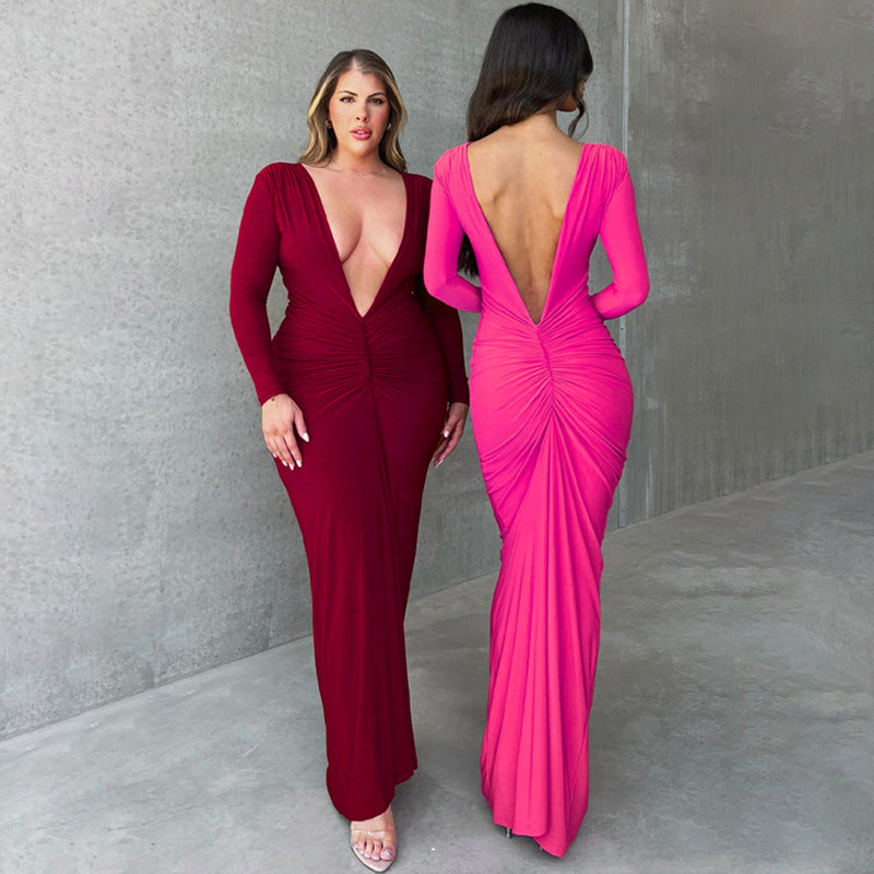 Vestido de verano sexy de manga larga con escote en V y pliegues ajustados de color liso para mujer