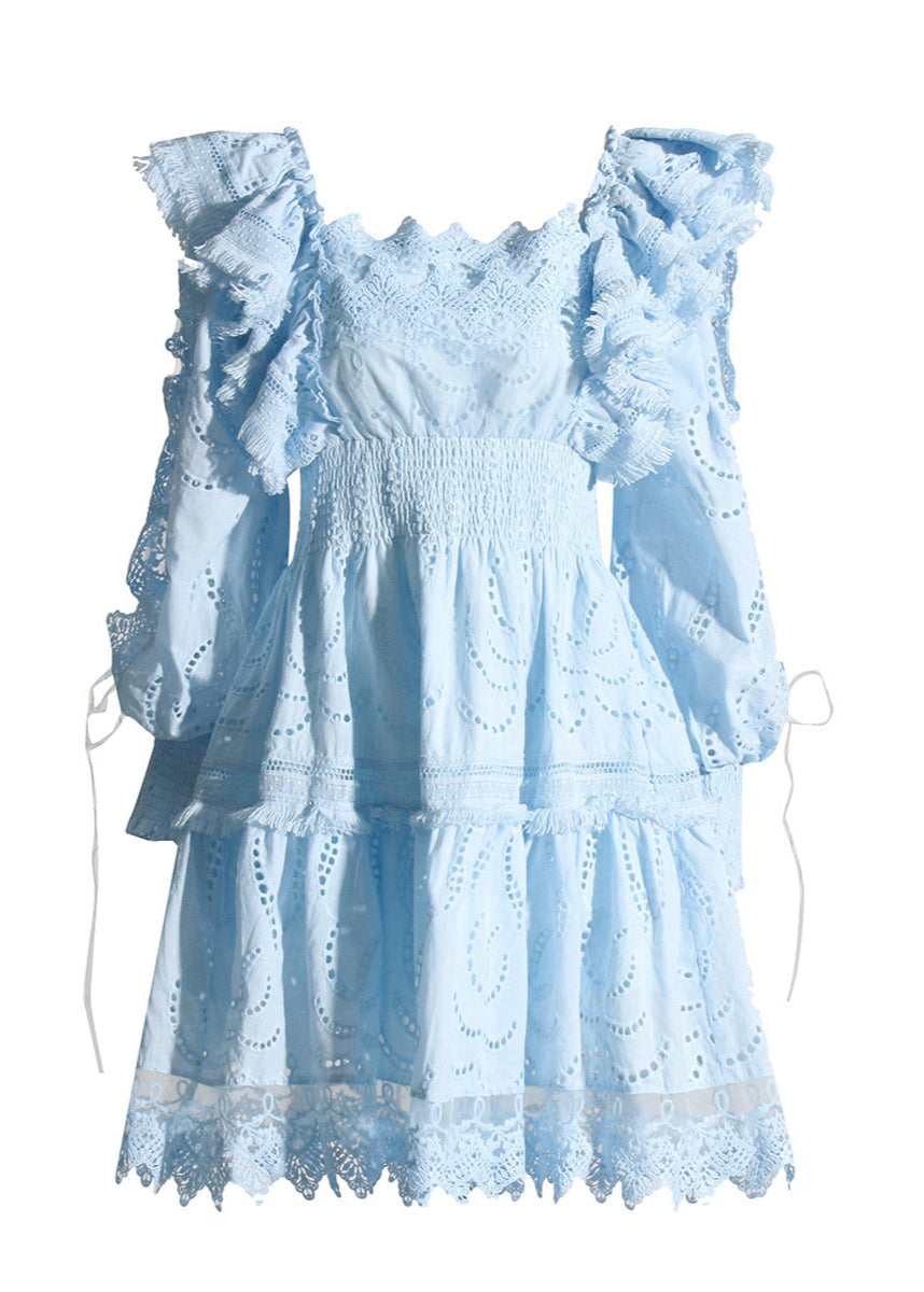 Seraphina Broderie Puff-Sleeve Dress – Blue Smocked A-Line Mini