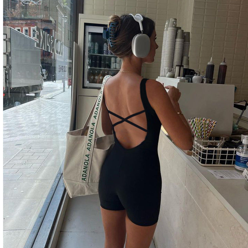 Mono deportivo informal de calle de color sólido con cuello cuadrado, abertura cruzada, espalda descubierta, con cordones, para yoga y fitness, pantalones de una pieza