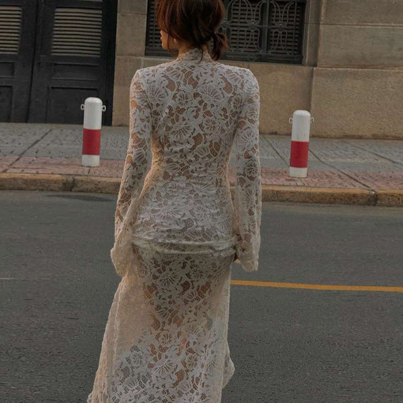 Vestido de otoño-invierno para mujer, sexy, de encaje, con escote en V profundo, abertura con cordones, ajustado, de manga larga