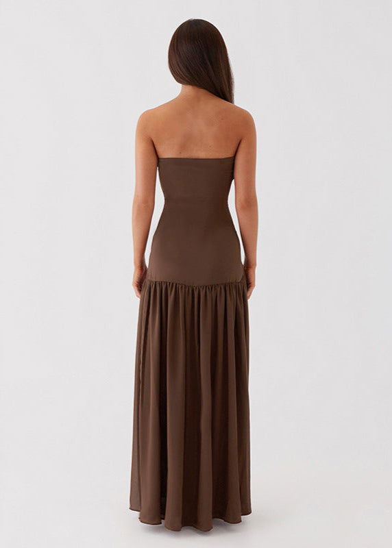Mocha Drape – Strapless High Slit Maxi Dress